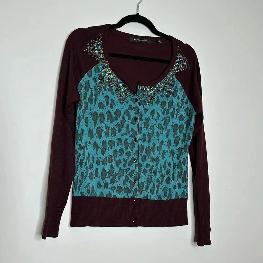Ladies Leopard Turquoise/Brown Cardigan w/Jeweled Neckline Sz M Excellent Cond